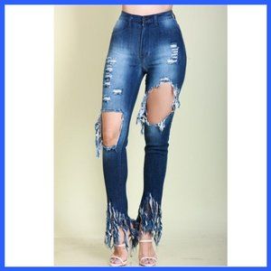 NWT High Waist Distressed Fringe Denim Jeans